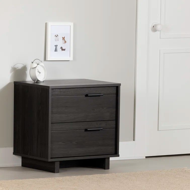 Modern Gray Oak 2-Drawer Nightstand with Sleek Metal Handles