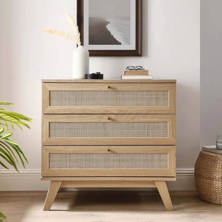 Coastal Charm Oak 3-Drawer Dresser with Rattan Weave