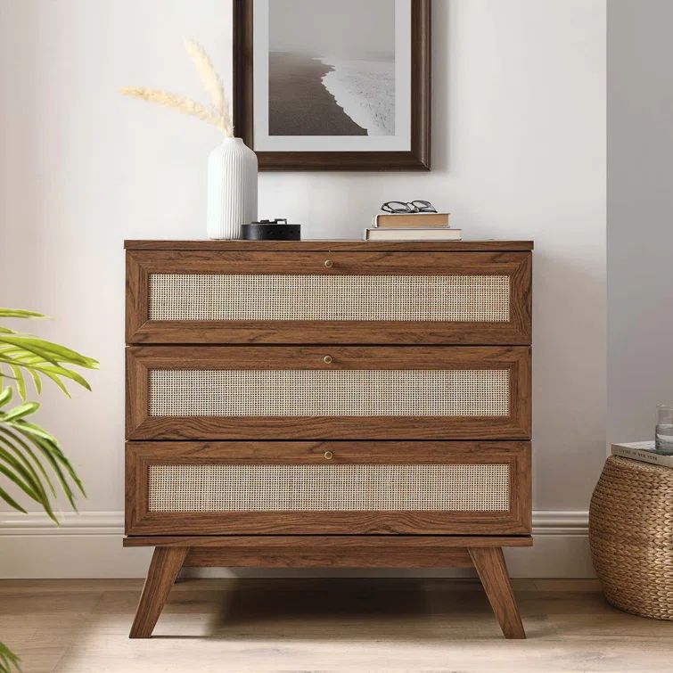 Walnut 3-Drawer Dresser with Rattan Weave Fronts