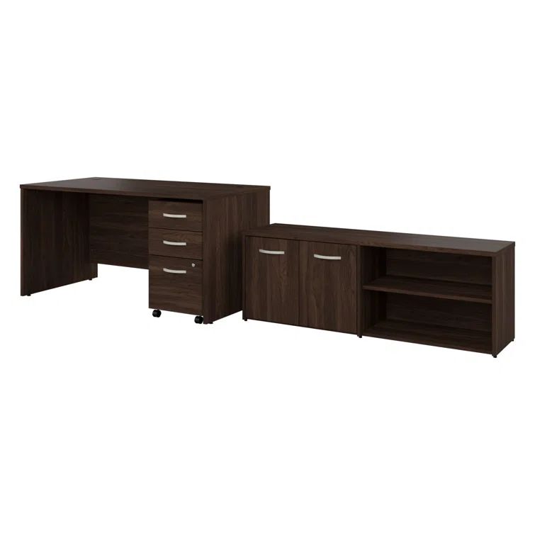 Black Walnut Engineered Wood Office Desk Set with Storage Cabinets
