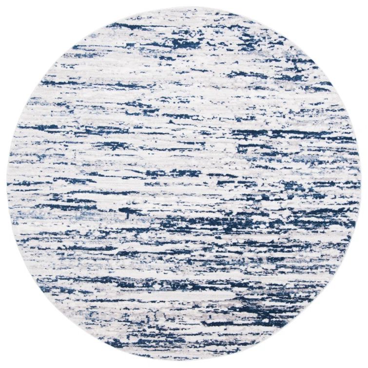 Amelia 8' Round Grey and Navy Abstract Synthetic Rug