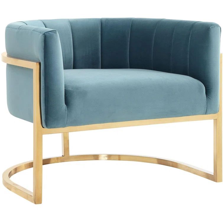 Sea Blue Velvet Barrel Accent Chair with Gold Metal Frame