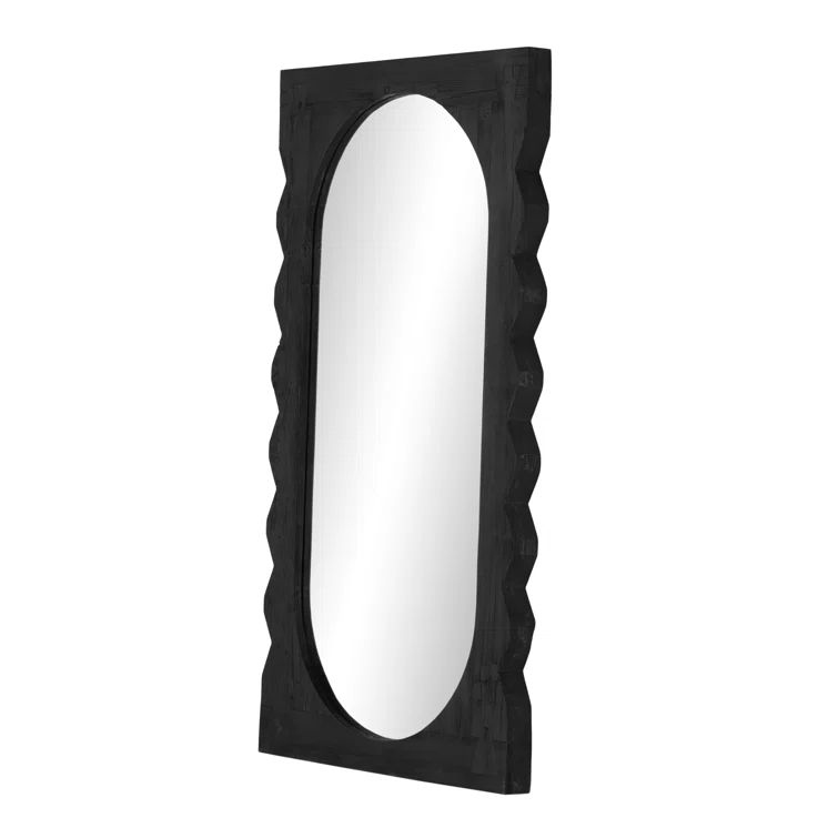 Black Reclaimed Pine Rectangular Mirror with Hand-Carved Frame