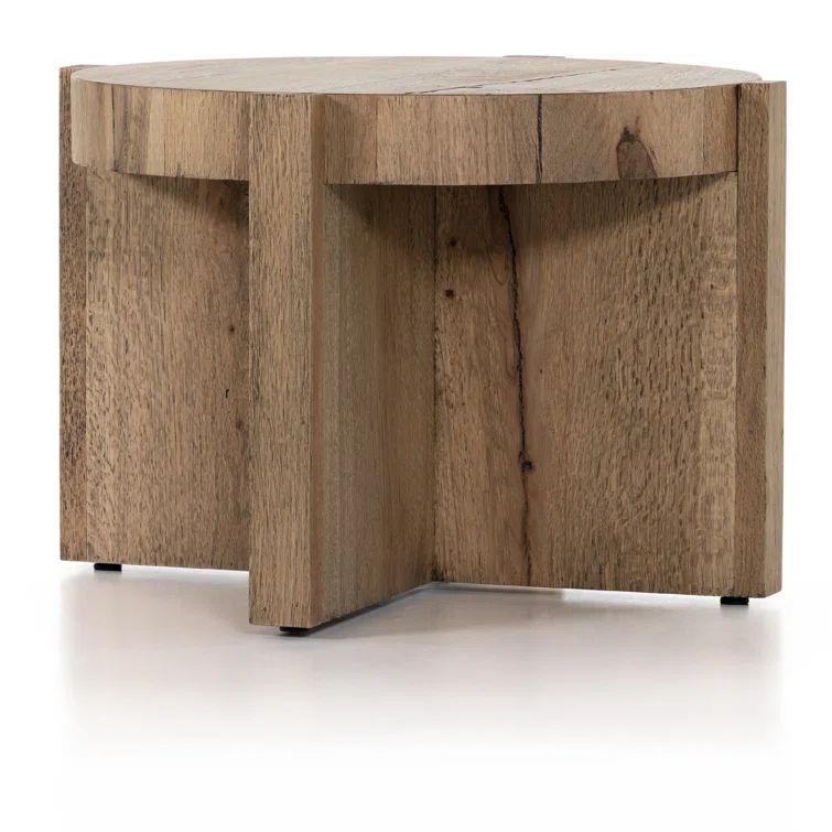 Rustic Oak Veneer Round Bingham End Table with Metal Accents