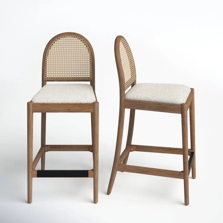 Ivory White Boucle and Oak Curved Bar Stools, Set of 2