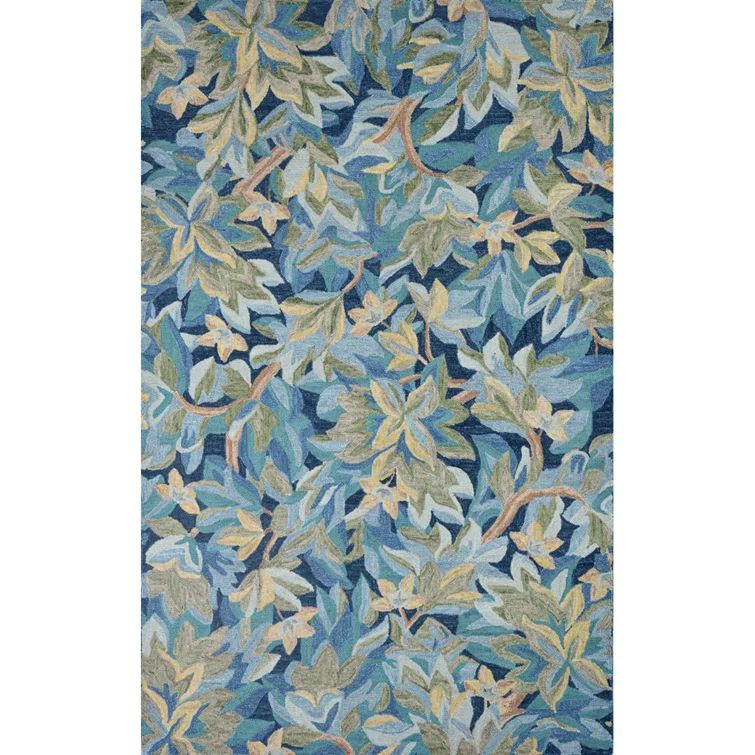 Handmade Blue Wool Botanical Round Area Rug, 7'