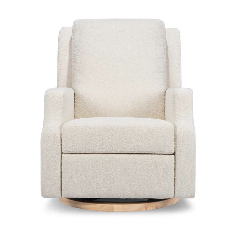 Ivory Boucle Velvet Swivel Recliner Armchair with Wood Base