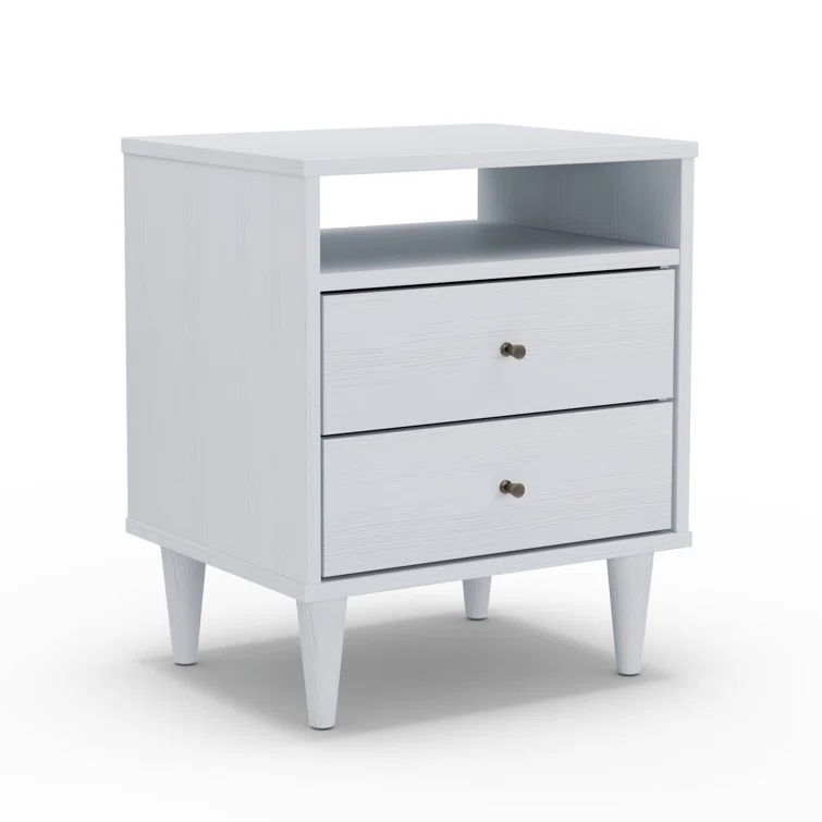 Brushed White Solid Wood Mid Century 2-Drawer Nightstand