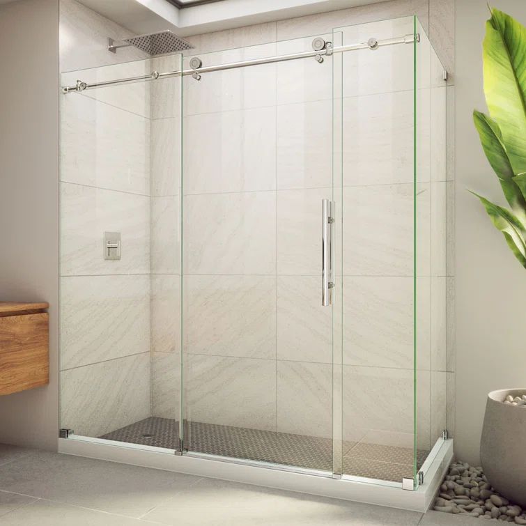 76" Polished Stainless Steel Frameless Sliding Shower Enclosure with Clear Glass