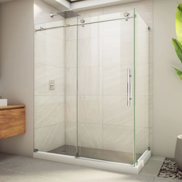 Polished Stainless Steel Frameless Sliding Shower Enclosure with Clear Glass