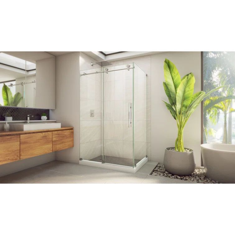 76" Frameless Clear Glass Sliding Shower Enclosure with Polished Stainless Steel Frame