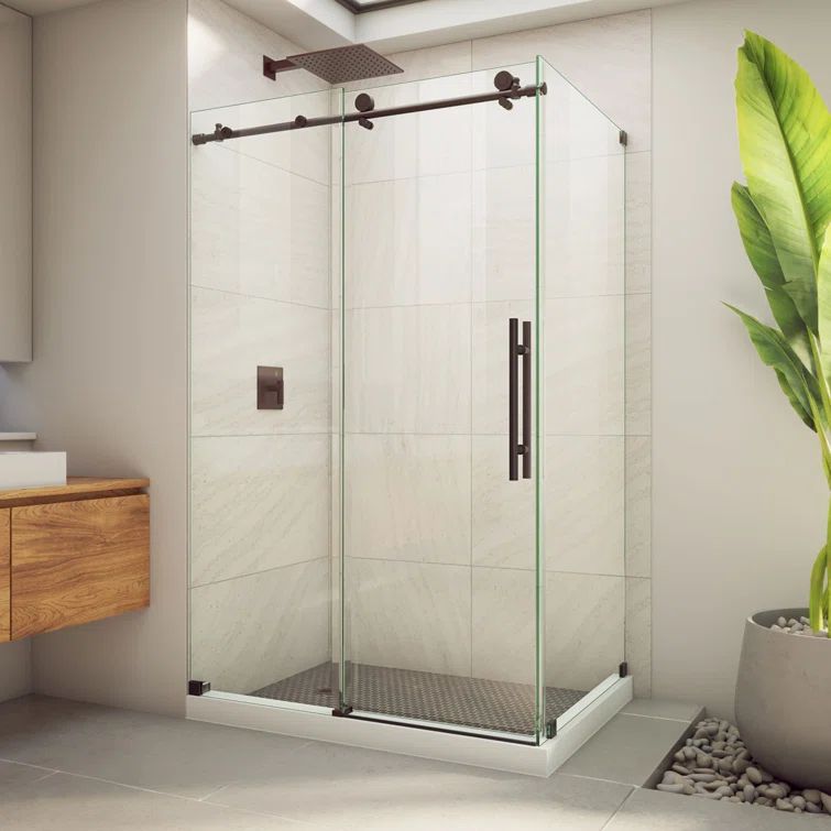 76" Clear Glass Frameless Sliding Shower Enclosure with Oil Rubbed Bronze Hardware