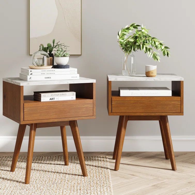 Nathan James Mid-Century Walnut and Faux Marble Storage End Tables