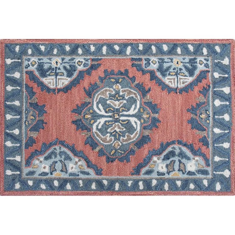 Hand-Tufted Red and Blue Wool Rectangular Rug 2' x 3'