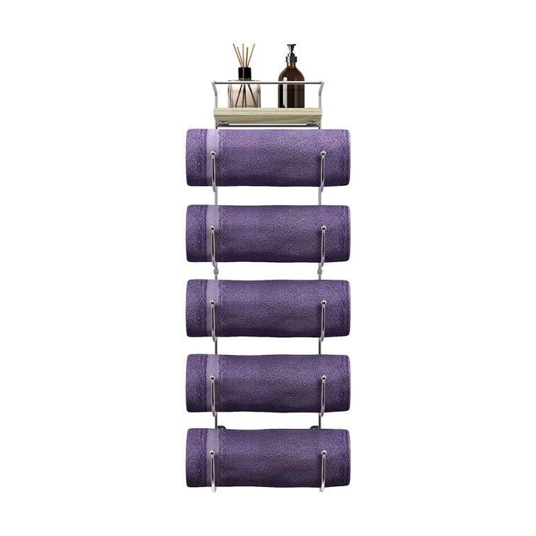 Silver Wall Mounted 5-Tier Metal Towel Rack with Wooden Shelf