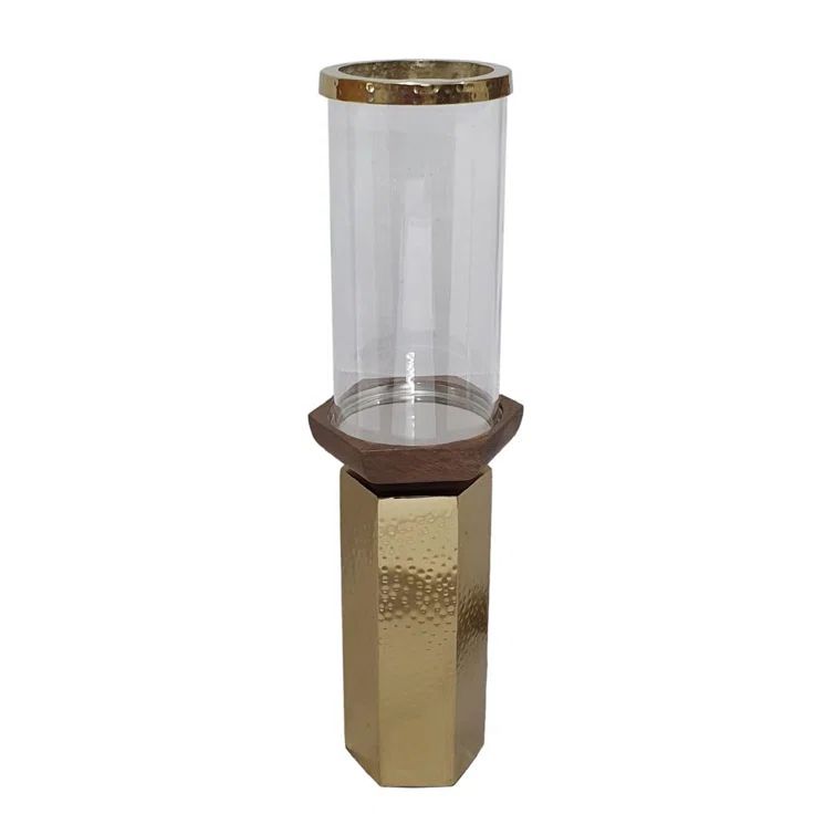 18" Gold and Clear Glass Mango Wood Hurricane Candle Holder