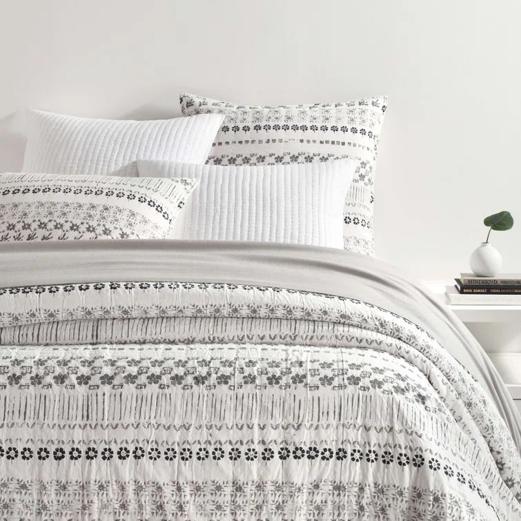 Hawthorn Floral Motif Lightweight Queen Coverlet in Gray, Charcoal, and Ivory