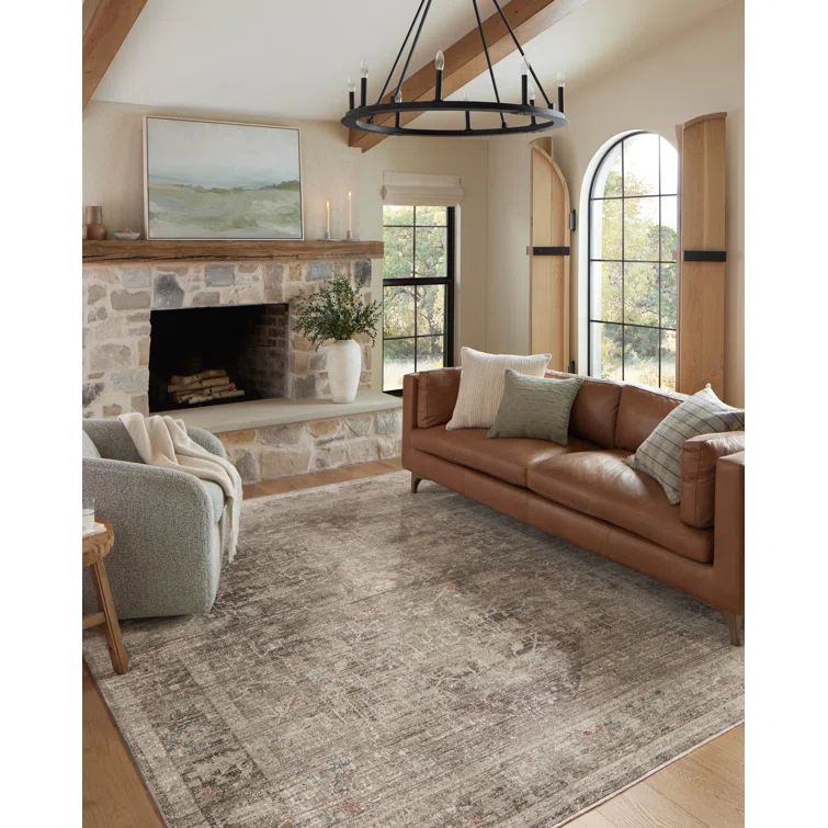 Millie Charcoal and Dove Round Floral Synthetic Area Rug