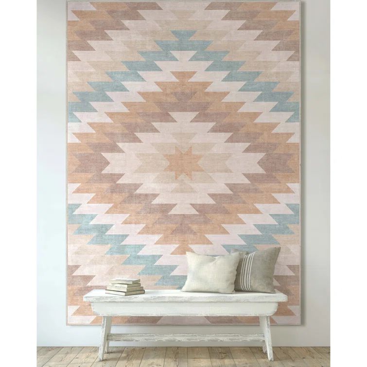Beige and Blue Southwestern Chenille Rectangular Area Rug 5'3" x 7'3"