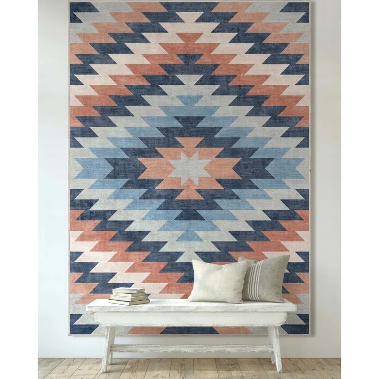 Southwestern Blue and Coral Chenille Flatweave Area Rug 3'3" x 5'