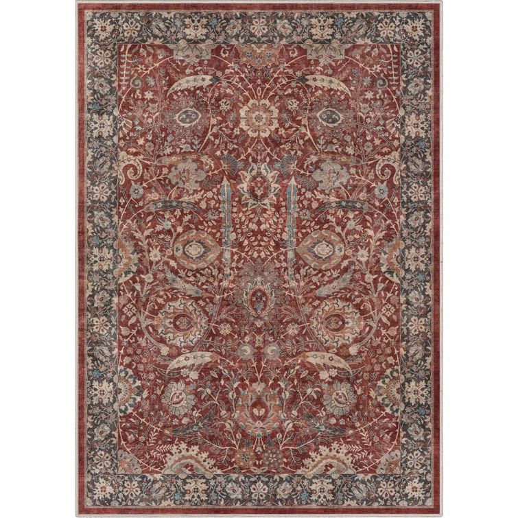 Asha Oriental Red Chenille 3'11" x 5'3" Flat-Weave Washable Rug