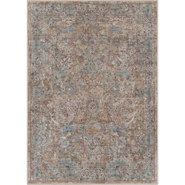 Asha Blue Vintage Persian Floral 6' x 9' Chenille Rug