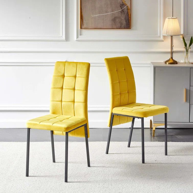 Yellow Velvet High Back Side Chair with Black Metal Legs, Set of 4