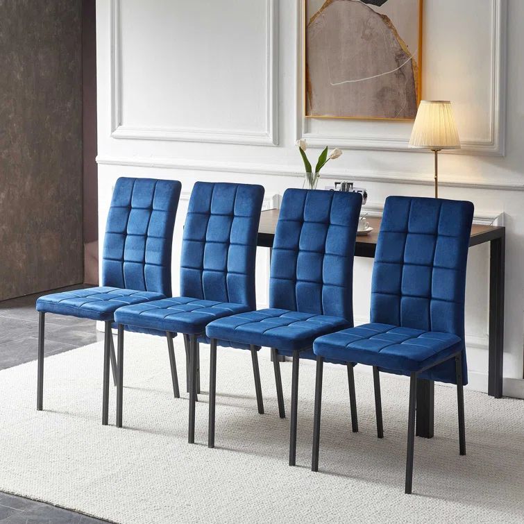 Navy Blue Velvet High Back Side Chairs with Black Metal Legs, Set of 4
