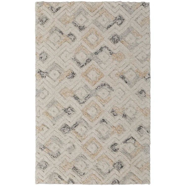 Ivory and Gray Wool Geometric Tufted Area Rug 10' x 14'