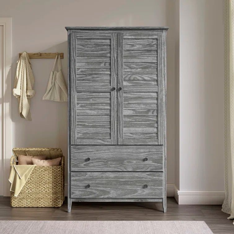 Brushed Grey Coastal Solid Pine Wood Armoire with Louvered Doors