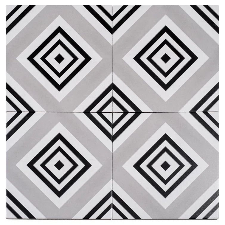 Lucia 8" Black and Gray Porcelain Patterned Tile