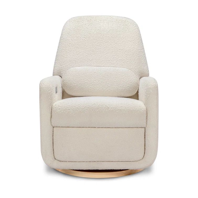 Ivory Boucle Swivel Recliner with Light Wood Base