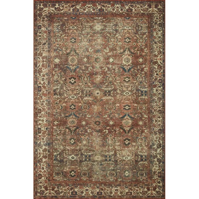 Brick and Ivory Vintage-Inspired Machine Washable Polyester Rug
