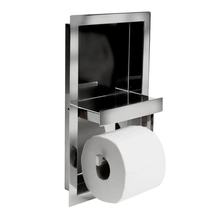 Polished Stainless Steel Recessed Toilet Paper Holder with Shelf