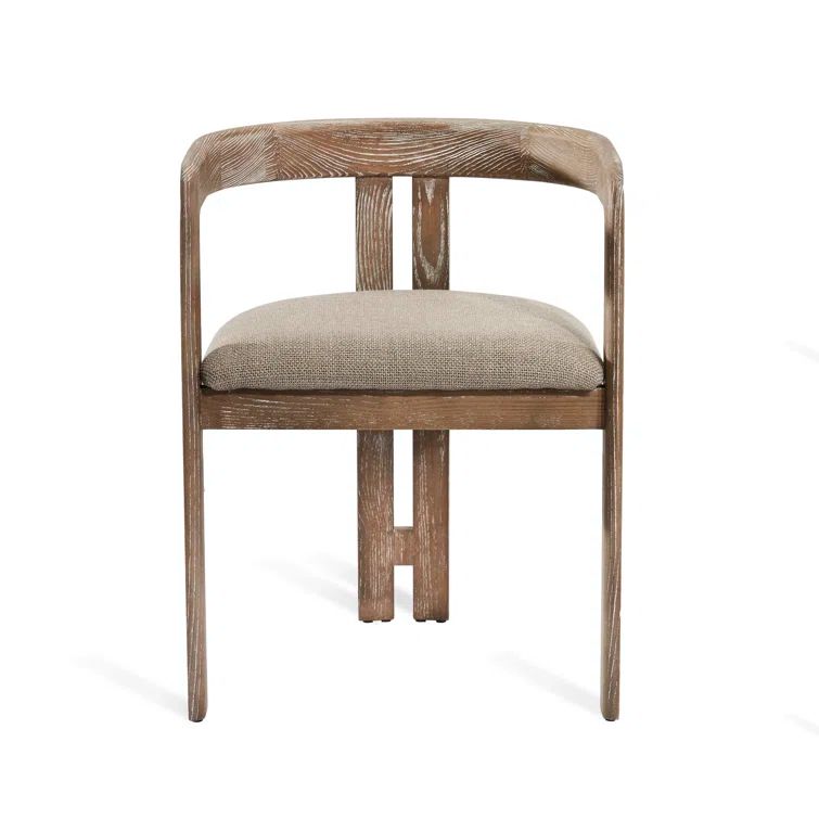 Autumn Brown Wood Upholstered Arm Chair with Flax Linen