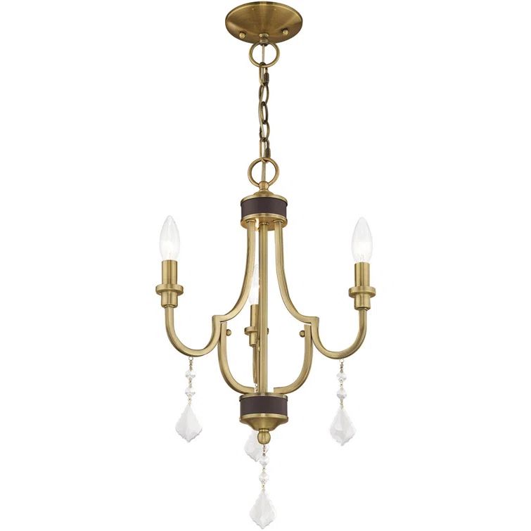Antique Brass 3-Light Mini Chandelier with Clear Crystals
