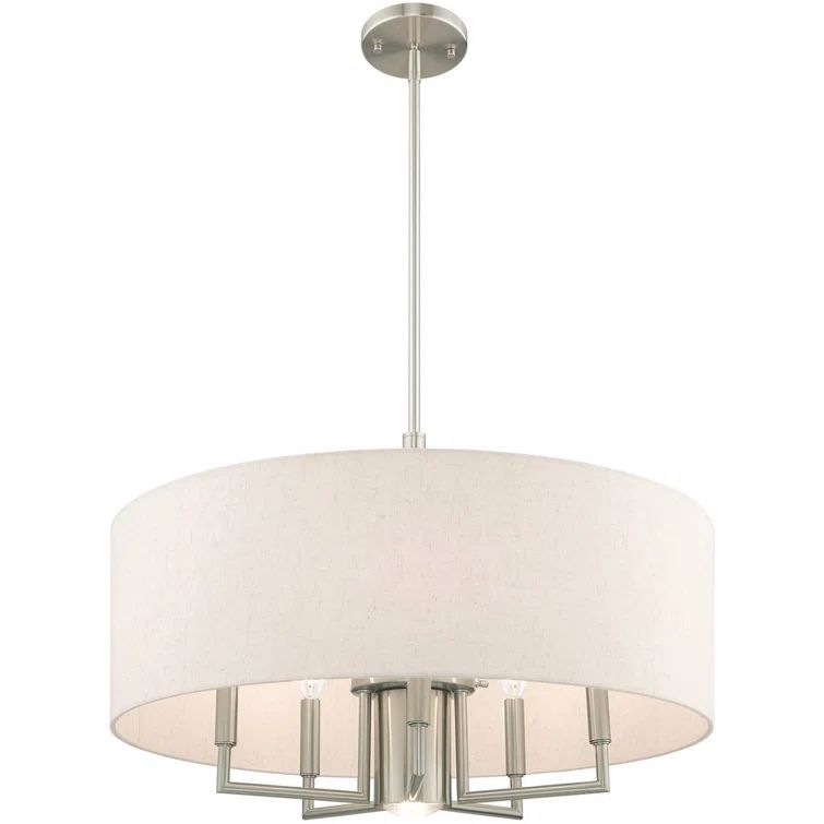 Meridian 6-Light Brushed Nickel Pendant with Oatmeal Fabric Shade