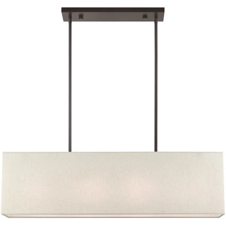 English Bronze Linear Chandelier with Oatmeal Fabric Shade