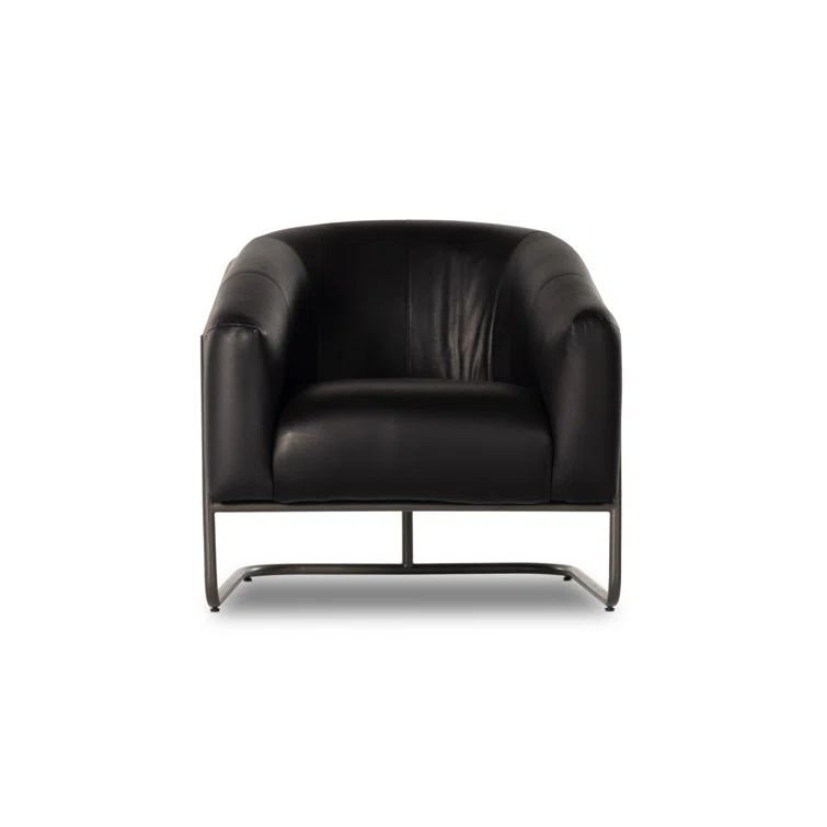 Heirloom Black Leather and Metal Barrel Chair