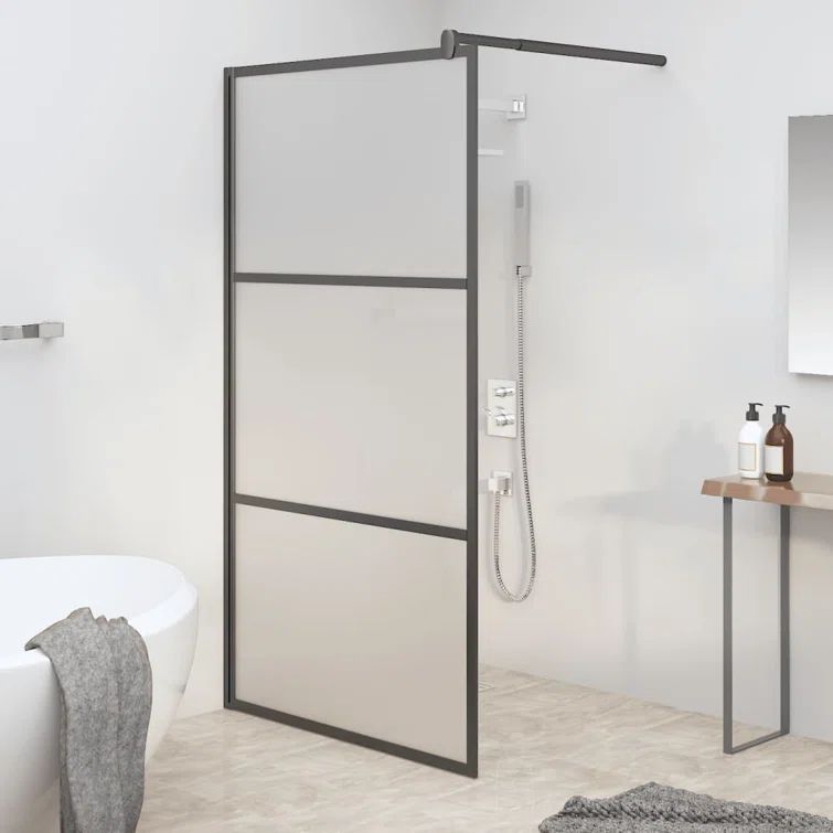 Modern Black Aluminum and Frosted Glass Walk-In Shower Wall