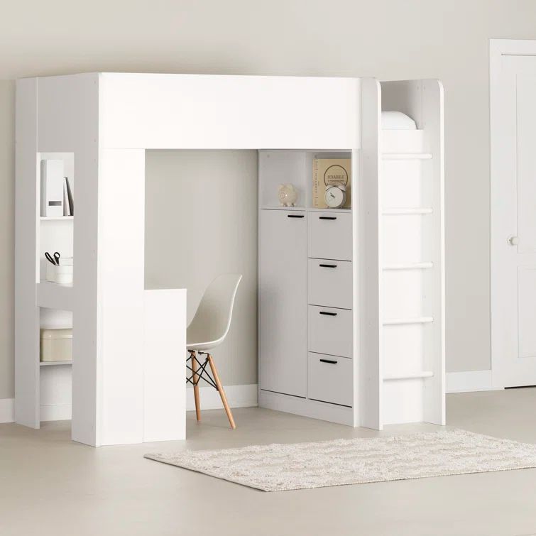 Pure White Twin Loft Bed with Desk and Storage