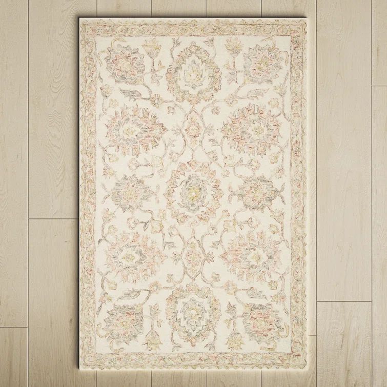 Handmade Ivory and Blush Wool Rectangular Rug