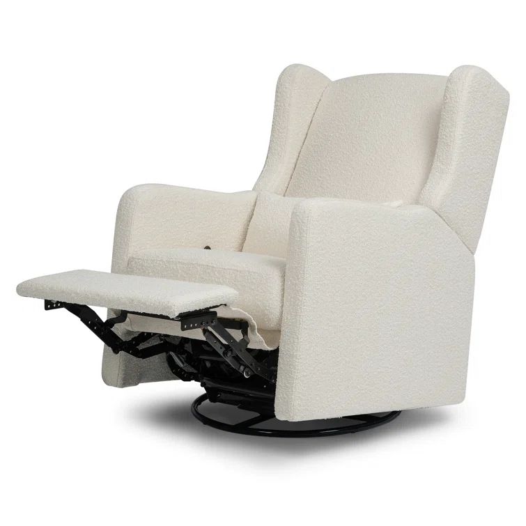 Ivory Boucle Swivel Recliner with Wood Frame