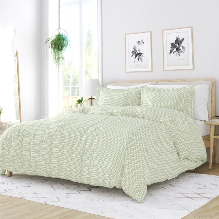 Sage Green Microfiber Twin Duvet Cover Set with Chevron Pattern