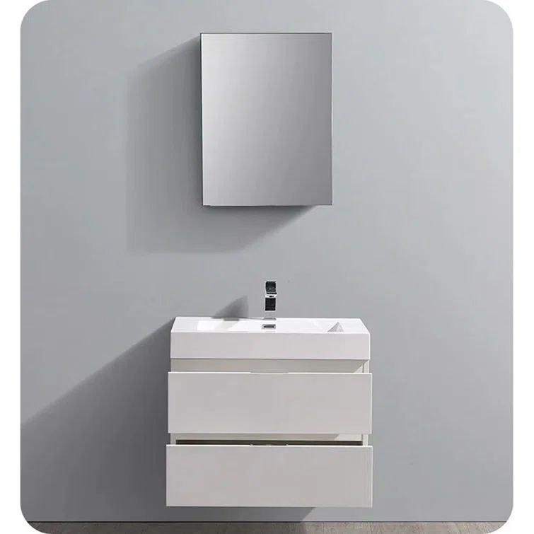 Glossy White 24" Wall-Mount Bathroom Vanity with Acrylic Sink