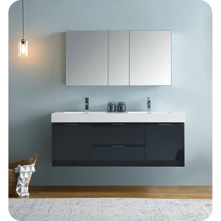 Valencia 60" Glossy Gray Wall Mount Vanity with White Acrylic Top