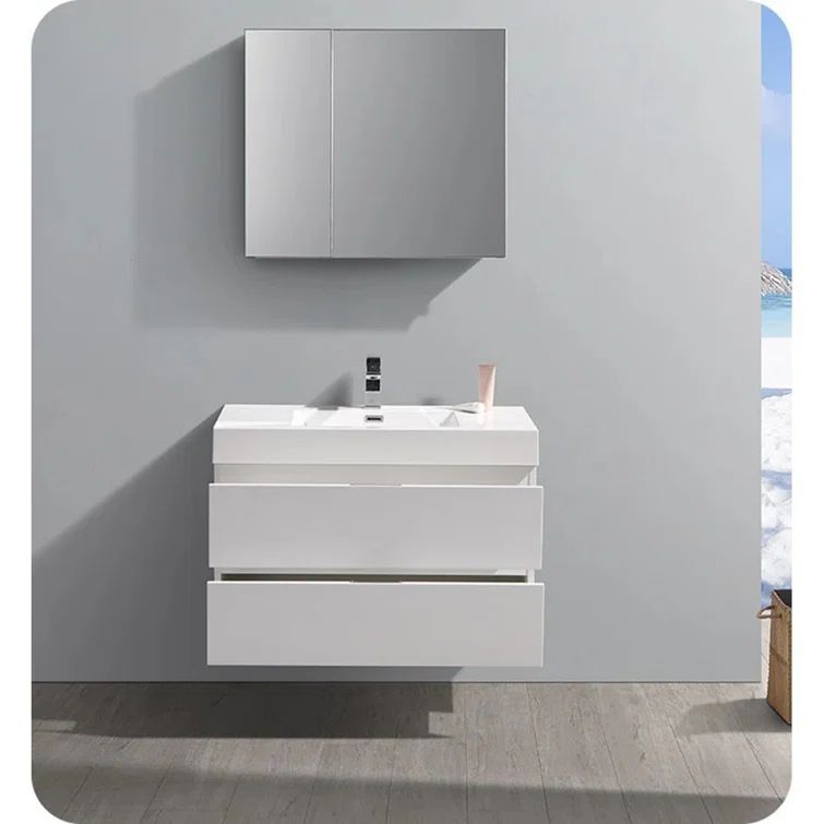 36" Glossy White Wall-Mount Modern Bathroom Vanity with Acrylic Top