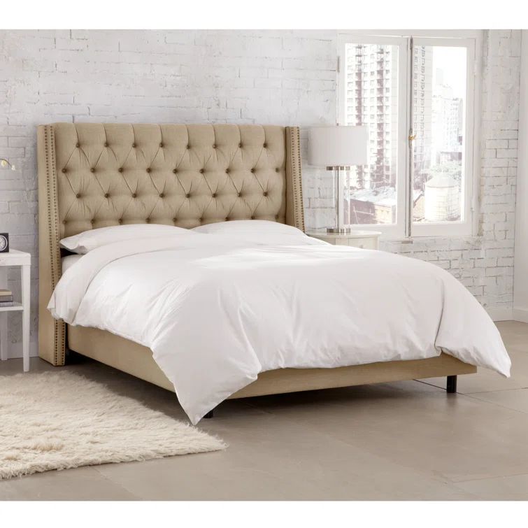 Beige Queen Upholstered Wingback Bed with Nailhead Trim