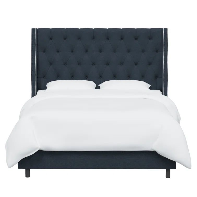King Navy Linen Upholstered Wingback Bed with Nailhead Trim