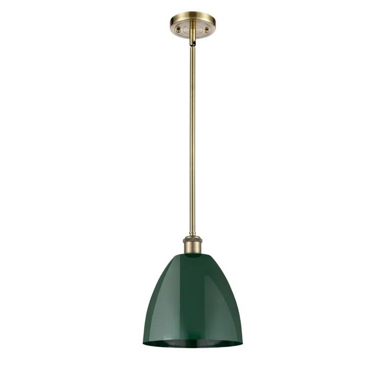 Antique Brass Pendant Light with Green Shade, 10.88" Height